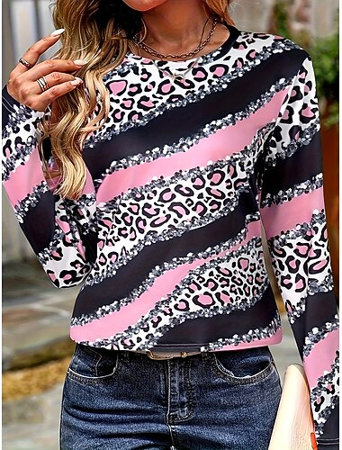  T-shirt da donna a maniche lunghe grafica leopardata geometrica vintage elegante casual a maniche lunghe a collo rotondo regolare top quotidiani stampa rosa primavera autunno pre-autunno