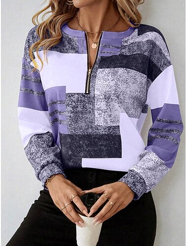  Dame Genser med genser Zip Up sweatshirts Grafisk Geometrisk Mote Fritid Langermet Crew-hals Rund hals Vanlige topper Gate Hverdag Glidelås Trykt mønster Lys Rosa Lilla Høst Vinter