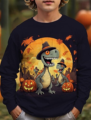  ハロウィーン 男の子 3D カートゥン カボチャ 恐竜 Tシャツ Ｔシャツ 長袖 春 秋 ファッション ベーシック 子供 4〜12年 クルーネック アウトドア カジュアル 日常 レギュラー