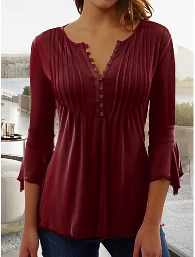  Dame Bluse Helfarge عادي Elegant Bohem Stilfull 3/4 ermer Volanger erme V-hals Vanlige topper Arbeid Daglig Ferie Rynket Drapering Knapper Svart Hvit Vin Rød Sommer Vår Høst