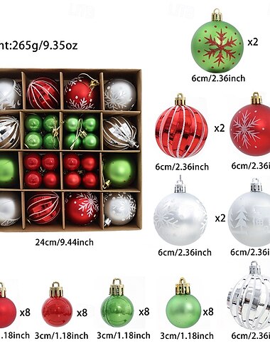  クリスマスツリーボール オーナメント 44個 カラフル 飛散防止 吊り下げ式デコレーションセット クリスマスツリー用 3cm 6cm アソートサイズ 塗装済み 電気メッキ ホリデーパーティーデコレーション