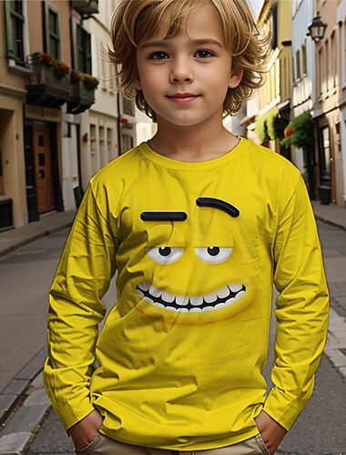  Camiseta infantil engraçada com estampa 3D, estampa de desenho animado para meninos, manga longa, outono e inverno, básica, infantil de 4 a 12 anos, gola redonda, casual para atividades ao ar livre,