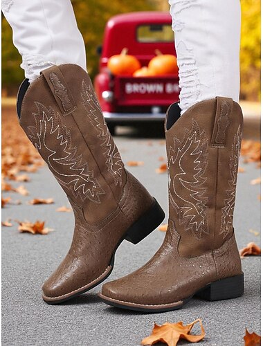  Bottes de cowboy marron brodées pour femmes – bottes mi-mollet de style western classique pour les festivals d'automne, les travaux agricoles et les concerts country