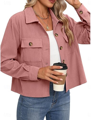  Damen Freizeitjacke Bequem Atmungsaktiv Tasche Knöpfe Mode Lässig Einfach Urlaub Straße Lässig Alltagskleidung Einreihig Kurz Umlegekragen Normale Passform Langarm Oberbekleidung Schwarz Rosa Purpur