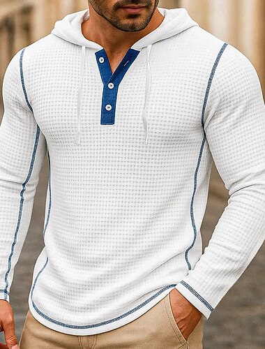  Homme Sweats à capuche gaufrés T-shirt T-shirt Henley gaufré Chemise Henley manche longue À capuche Henley Printemps Printemps & Automne Uni Mode Designer Basique Patchwork À capuche Vacances Rue