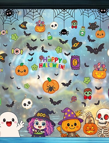  ハロウィーンの窓用ステッカー5枚セット、デカール、デコレーション、漫画のカボチャ、頭蓋骨、幽霊、クモの巣 &コウモリ、静電気でくっつく、ハロウィンパーティーのホームデコレーション