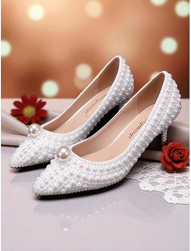  Conjunto de zapatos de tacón bajo con perlas y bolso a juego para mujer: elegantes zapatos de novia y bolso para bodas y ocasiones especiales.