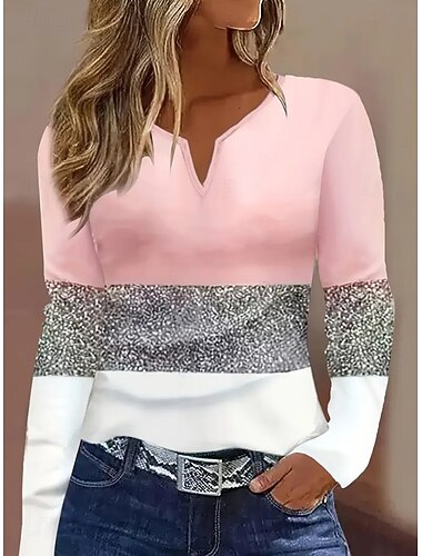  Dames T-shirt Grafisch Geometrisch Vintage Stijlvol Klassiek Lange mouw Gekerfde nek Normale tops Dagelijks Weekend Afdrukken Blozend Roze blauw Lente Herfst