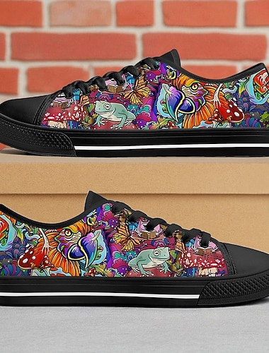  Herresneakers med lave top i lærred – farverigt abstrakt graffitiprint, snøresko med casual skateboarding, stilfuldt streetwear og hverdagsfodtøj