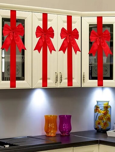  4-delt julesløyfe- og båndsett – dobbeltsidig teip inkludert, ingen montering nødvendig, gjenbrukbar ikke-elektrisk dør- og skapdekorasjon til jul og halloween