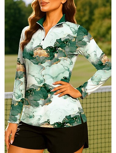  Dam Geometrisk Tröja Toppar Vandringspolotröja Tennisskjorta Långärmad Mönster Fjärdedels blixtlås Pullover UV-skydd Elastisk Andningsfunktion Tennis Golf Pickleball Hög krage Dragkedja Skjorta Polo