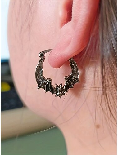  Cercei rotunzi pentru femei în formă de liliac de Halloween – bijuterii din aliaj, stil gotic punk, pentru petreceri, cosplay și accesorii pentru ieșiri în oraș.