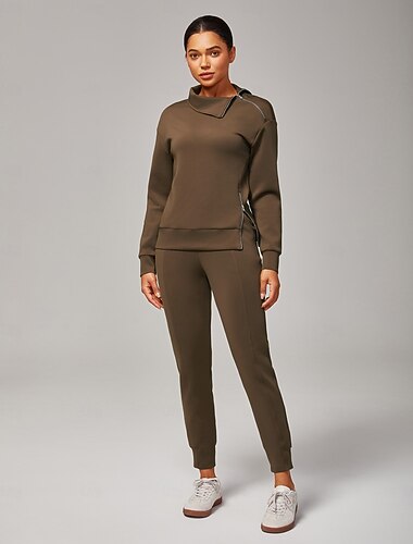  tuta da donna marrone con cerniera e spacchi, collo alto, colletto rialzato, set due pezzi in maglia elasticizzata, elegante, casual, comodo, quotidiano, lavoro, autunno