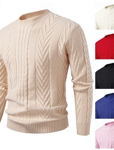  Homme Pull Côtelé Tricoter Hauts Réguliers Tricoté Coupe ajustée Uni Col ras du cou Tricots Contemporain Occasionnel Tenue quotidienne Vêtement Tenue Automne Noir Blanche M L XL