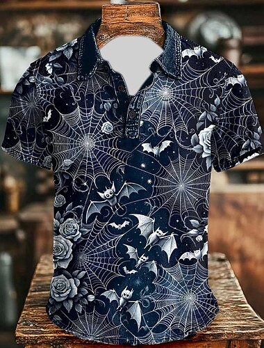  Halloween Homme Chauve souris Crânes Polo Manche Courte Polos Chemises à Col ancien Occasionnel Sombre Athleisure Tenue quotidienne Tenue de fête Boutons Été Noir Bleu de minuit Gris