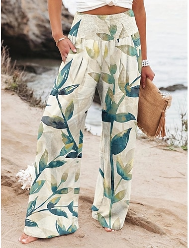  Per donna Pantaloni in cotone e lino Gamba larga Chinos Vacanza Moda Casual Lunghezza intera Vita Alta Floreale Tasca Fascia Elastica Stampato Comodo Morbido Confortevole Micro-elastico All'aperto