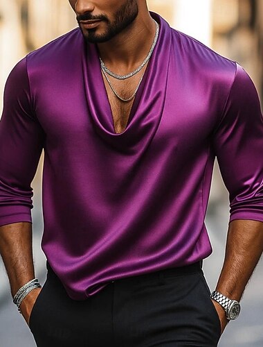  Per uomo Camicia Come la seta Camicia in raso Camicia casual Semplice Formale Matrimonio Nero Bianco Blu marino Oro Manica Lunga Scollo a Cascata Primavera & Autunno Tutte le stagioni Abbigliamento
