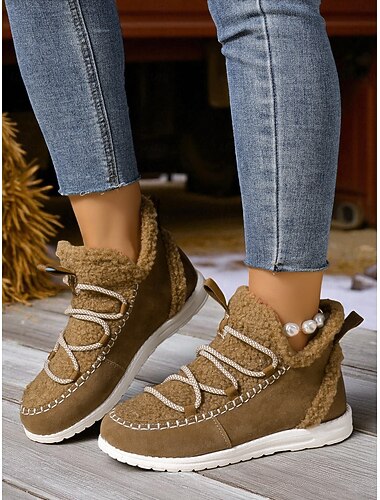  Bottes d'hiver en similicuir marron pour femme, doublées de polaire – Chaussures chaudes à lacets, chaussures décontractées pour l'extérieur et les voyages