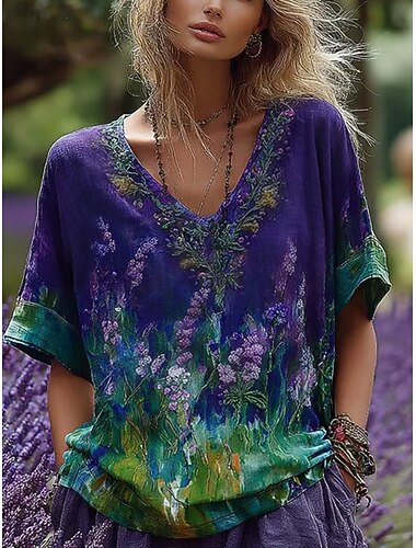  Damen T Shirt Blumen Mode Modern Halbarm V Ausschnitt Normale Oberteile Täglich Druck Purpur Sommer