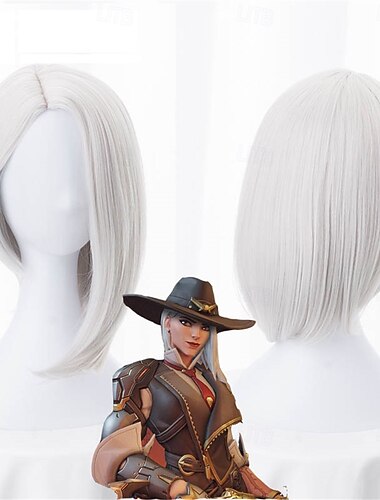  Paruka MoreMatch Overwatch Ow Ashe cosplay stříbrně bílá krátká s pěšinkou na stranu stylizovaný syntetický rovný parukový účes pro ženy