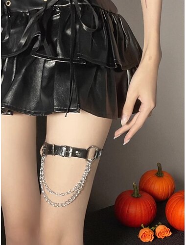  Women's Halloween Gothic Leg Chain - Black Faux Leather Thigh Harness with Silver Chains, Adjustable Punk Rock Accessory for Cosplay, Costume Parties and Spooky Festival Outfits