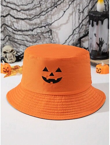  unisex halloween omkeerbare emmerhoed – dubbelzijdige pompoengezichtsprint visserspet voor mannen en vrouwen, casual feestkostuum en buitenkleding
