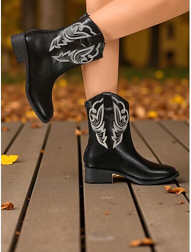  Женские коричневые ковбойские сапоги с вышитым узором в стиле вестерн и блочным каблуком, обувь в стиле вестерн.