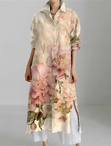  Damen Langes Kleid Maxikleid Hemdblusenkleid Freizeitkleid Druckkleid Mode Modern Täglich Wochenende Normale Passform Geometrisch Blume Langarm Hemdkragen Gelb Rote Blau Khaki Frühling Herbst