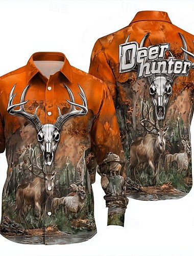  Herren Tarnung Hirsch Hemd Knopfhemd Langarm Vintage-Retro Outdoor Campen und Wandern Jagd Frühling Herbst Umlegekragen 3D-Druck Hemden mit Kragen Orange