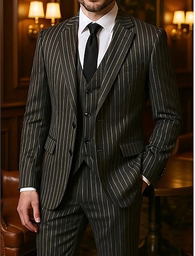  Masculino Ternos de negócios Casual Semi formal Preto Primavera / Outono / Inverno / Verão Terno Lapela Chanfrada Formal Listrado Moderno Conjunto de 3 peças Comum 2 Botões
