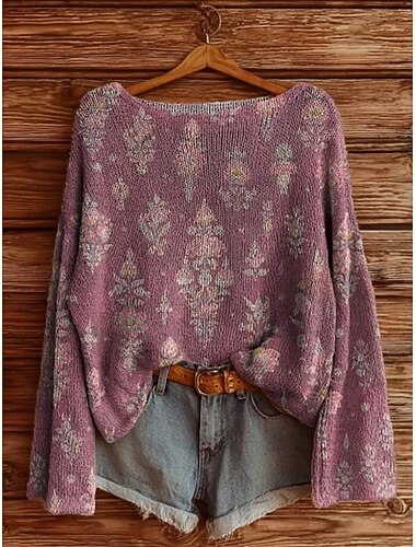  γυναικείο πουλόβερ casual απαλό φλοράλ vintage έθνικ μακρυμάνικο στρογγυλή λαιμόκοψη κανονικό μπλουζάκι καθημερινό εορταστικό σχέδιο κρασιού κόκκινο μωβ φούξια άνοιξη φθινόπωρο χειμώνας
