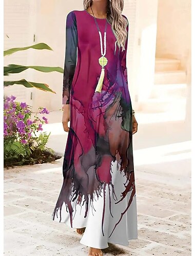  Dames Maxi-jurk Hemdjurk A lijn jurk Feest Casual Boho Dagelijks Afspraakje Uitgaan Normale pasvorm Ombre Grafisch Tie Dye Lange mouw Strakke ronde hals Rood blauw Oranje Groen Lente Herfst Winter
