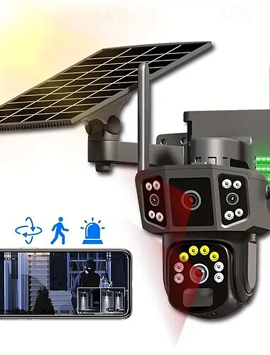  ワイヤレスソーラーセキュリティカメラ - デュアルレンズリンク、100%ワイヤレスWi-Fi、バッテリー駆動、360度回転・傾斜、カラーナイトビジョン、PIR、双方向オーディオ、SDおよびクラウドストレージ