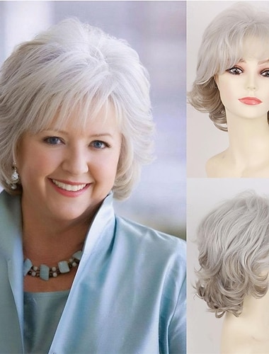  Korte grå parykker for hvite kvinner naturlig krøllete kort lagdelt sølvgrå pixie cut parykker med hvit pannelugg syntetisk hår sølvparykk for eldre kvinner