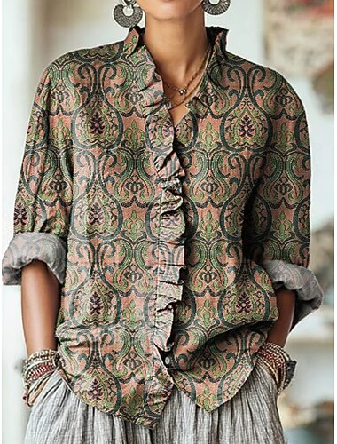  Women's Boho Shirt Floral Graphic Bohemia Vintage Stylish Long Sleeve Regular Tops Daily Holiday Ruffle Denim Blue Yellow Royal Blue Orange Brown Summer Spring Fall