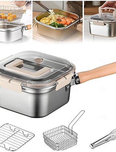  4dílná čtvercová pánev z nerezové oceli s košíkem, víceúčelová čtvercová kompaktní fritéza s odnímatelnou rukojetí &snadno odtokový design vhodný pro mrazicí a chladicí nádoby pro uchování čerstvosti