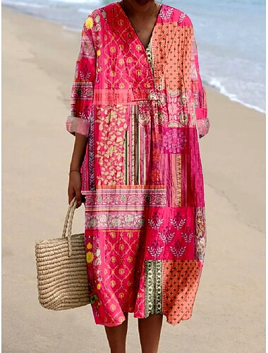  Femmes Robe Midi Robe d'Été Robe Décontractée Robe trapèze Vacances Occasionnel Boho Plage Soirée Fête Coupe Ample Fleuri Graphique Paisley manche longue Col en V Bleu Magenta Orange Printemps Automne