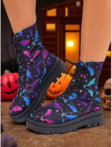  Damen-Kampfstiefel mit Totenkopf-Print und dicker Sohle – Gothic-Schnürstiefeletten für Halloween, Festivals und alternative Streetwear