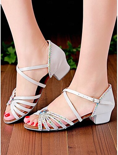  Damen-Mädchen-Jugend-Strass-Riemchen-Latein-Tanzschuhe mit niedrigem Blockabsatz – professionelle Ballsaal-Übungs- und Performance-Sandalen