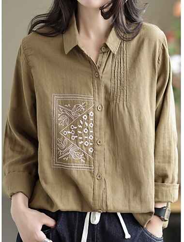  Mujer Camisas de algodón y lino Color sólido Vintage Básico Casual Manga Larga Cuello Camisero Tops regulares Diario Bordado Bolsillo Botones Blanco Amarillo Verde Trébol Verano Primavera Otoño