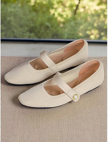  Beige strikkede Mary Jane-flads til kvinder med perlemorrem - lette, åndbare fritidssko til hverdagsbrug, rejser og kontortøj
