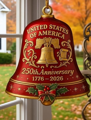 Vánoční zvonek k 250. výročí Spojených států, zlatý kovový pamětní zvonek ve vintage stylu, pro vlastenecké svátky.   Vánoční zvonek k 250. výročí Spojených států, zlatý kovový pamětní zvonek ve vintage stylu, pro vlastenecké svátky.
