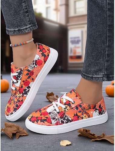  Calavera naranja de Halloween para mujer &Zapatillas de lona con estampado de rosas y calabazas: zapatos casuales con cordones para la calle en otoño &fiestas de disfraces