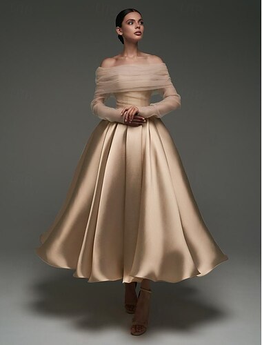  Baljurk Satijn A-Lijn Cocktail Elegante Jurken Formele Bruiloft Enkel Lengte Lange Mouw Off Shoulder Afneembare met Sjaal
