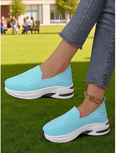  レディース フライニット プラットフォーム スニーカー – フィットネスやカジュアルな外出に最適な通気性のあるスリッポンウォーキングシューズ