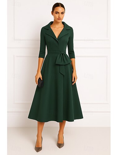  A-linje Telång Cocktailklänningar Festklänningar Elegant Långärmad V-hals Trädgårdsfest Bröllop Stretch crepe med Rosett(er)