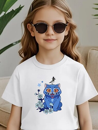  K-POP デーモンハンター モリガン・サジョ ブルータイガー ガールズ キッズ 夏用 半袖Tシャツ - トレンディなアメリカンスタイル 通気性 &クールで女の子にぴったりの新学期の贈り物。普段着、カジュアルウェア、ポップ