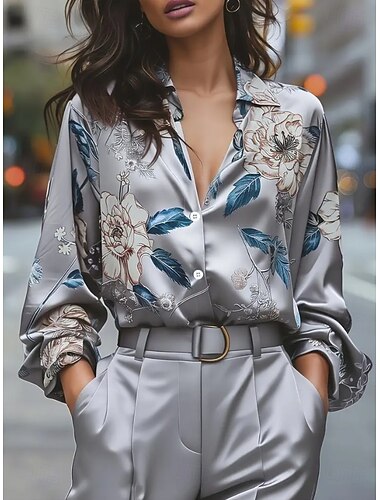  Women's Work Shirt Floral Graphic Elegant Stylish Casual Long Sleeve Shirt Collar Regular Tops Work Party Evening Wear Daily Royal Blue Fuchsia Gold Green Gray Spring Spring, Fall, Winter, Summer