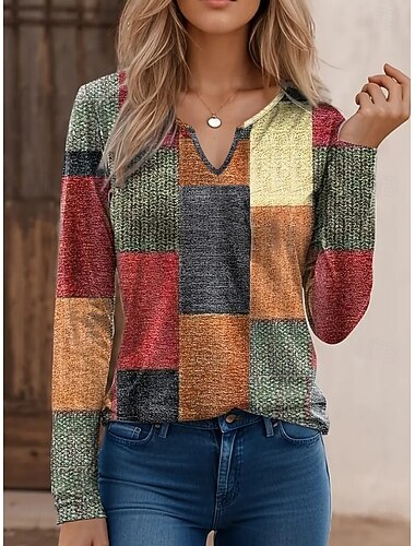 Mujer Camiseta Graphic Geométrico A Rayas Vintage Elegante Clásico Manga Larga Escote en Pico Cuello con muescas. Tops regulares Diario Fin de semana Estampado Rojo Azul Piscina Naranja Gris