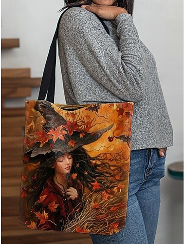  Femmes Fourre-tout Sac fourre-tout en toile Polyester Halloween Achats Occasionnel Imprimé Grande capacité Pliable Léger Sorcière Orange noir Noir Orange